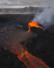 Aerial view from drone of volcano on Iceland and lava river eruption crater