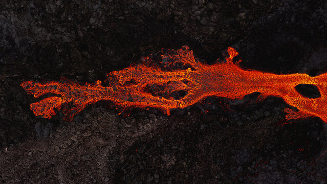Aerial view from drone of volcano on Iceland and lava river eruption crater