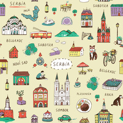 Travel Serbia landmarks vector illustrations doodle seamless pattern. - obrazy, fototapety, plakaty