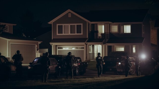 SWAT Team Surrounds Suburban Ranch House at Night, generative AI