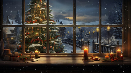 Christmas Tree outside a big window with white snow on the tree and outdoor on a christmas night with candle litting by the window - obrazy, fototapety, plakaty