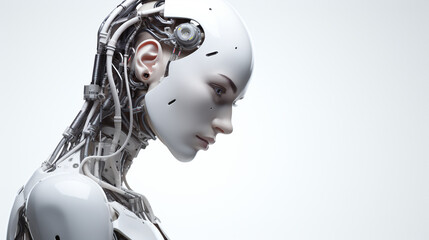 Représentation d'une intelligence artificielle avec une apparence humanoïde. Fond blanc, vue de côté.