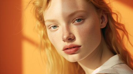 Naklejka premium Portrait d'une femme rousse aux yeux bleus avec des taches de rousseur et du rouge à lèvres. Fond orange, vue de face, studio, modèle photo, gros plan.