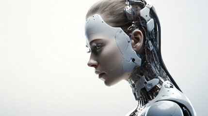 Représentation d'une intelligence artificielle avec une apparence humanoïde. Fond blanc, vue de côté.