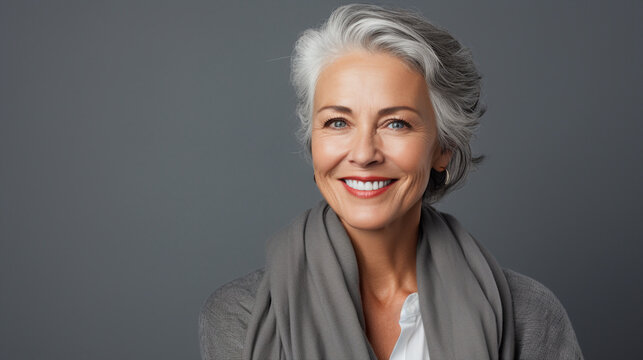Portrait d'une femme &acirc;g&eacute;e, souriante, fond gris.
