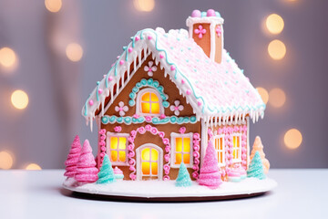 Glazed gingerbread house with holiday lights in background. Christmas decoration. Tradicional homemade sweets