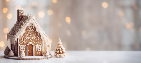 Glazed gingerbread house with holiday lights in background. Christmas decoration. Tradicional homemade sweets. Banner with copy space - obrazy, fototapety, plakaty