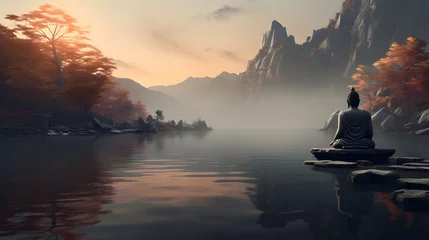 Foto op Canvas une statue de buddha au bord d'un lac, généré par IA © Marvin Dgn