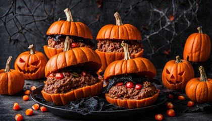 Halloween Party Food with Spooky Atmospheric Decorations. Yummy Trick or Treat Meal Composition Background 