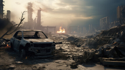 Post-apocalyptic city: Ruined buildings, burnt-out vehicles, and crumbling roads.