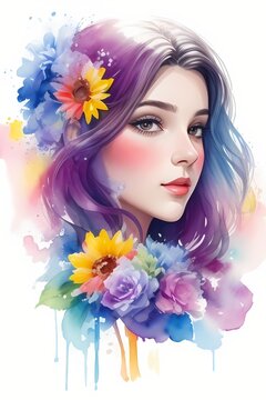 Girl with flowers watercolor young woman with flowers portrait art. Colorful creative watercolor illustration.