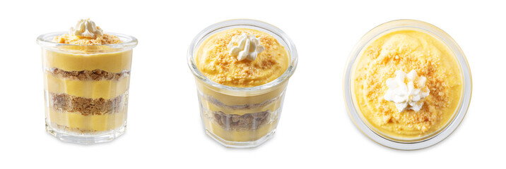 Pumpkin greek yogurt cake parfait in a glass on a white isolated background