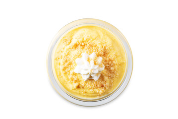 Pumpkin greek yogurt cake parfait in a glass on a white isolated background