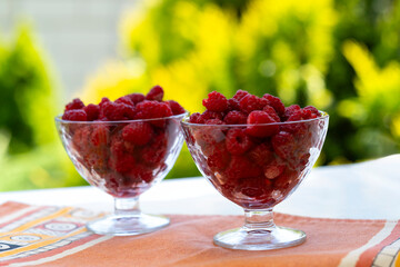 red raspberries in glass bowls stand on a table in the garden