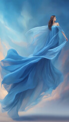Illustrative picture, a woman in a blue chiffon dress on a background of clouds. Generative AI.