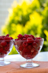fresh raspberries in glass transparent bowls stand on a table in the garden