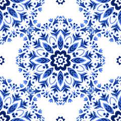 Tile pattern watercolor. Blue paint hand drawn turkish floral design. Seamless damask.