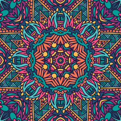Mandala star ethnic festival art seamless pattern. Colorful repeating kaleidoscopic background arabesque