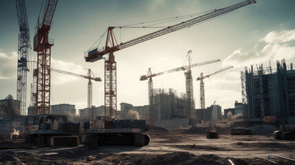 Fototapeta na wymiar Construction site with a tower crane. Construction of residential buildings. Panoramic view of the construction of skyscrapers. Landscape with a modern city.
