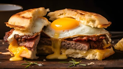 Close up of an English Toast with Meat, Eggs and Cheese in front of a dark Background.