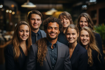 Ai Generative group of happy business man and business women, dressed in suits are smiling, in the office