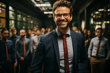 Fototapeta premium Ai Generative group of happy business man and business women, dressed in suits are smiling, in the office