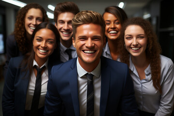Fototapeta premium Ai Generative group of happy business man and business women, dressed in suits are smiling, in the office