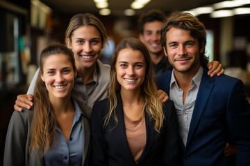 Obraz premium Ai Generative group of happy business man and business women, dressed in suits are smiling, in the office