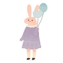 Pink Bunny rabbit with balloon  cute kawaii cartoon harvest autumn collection watercolor vintage illustration for birthday or baby shower