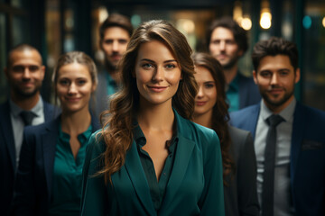 Fototapeta premium Ai Generative group of happy business man and business women, dressed in suits are smiling, in the office