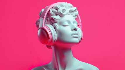 Female sculpture in headphones on a pink background - obrazy, fototapety, plakaty