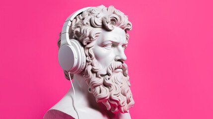 Male sculpture in headphones on a pink background