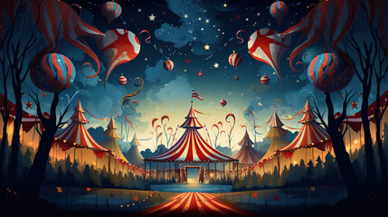Illustration of a circus tent with balls and flags