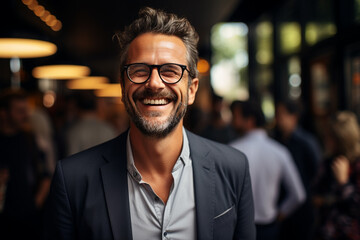 Fototapeta premium Ai Generative group of happy business man and business women, dressed in suits are smiling, in the office