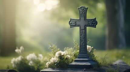 Stone cross tombstone in the cemetery. Symbol of religion in faith in God