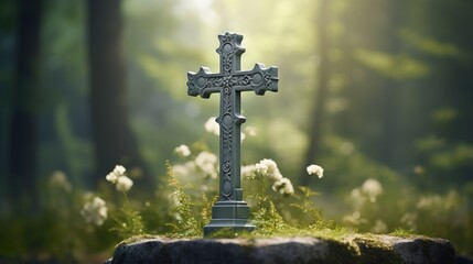 Stone cross tombstone in the cemetery. Symbol of religion in faith in God