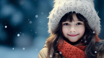 Cute girl in a winter hat on a winter background with bokeh and copyspace