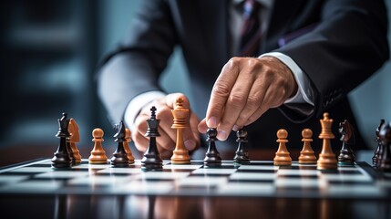 Businessman plays chess. The hand moves the chess piece. Strategy - obrazy, fototapety, plakaty