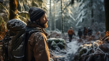 A traveler hiking in the snow-covered forest.