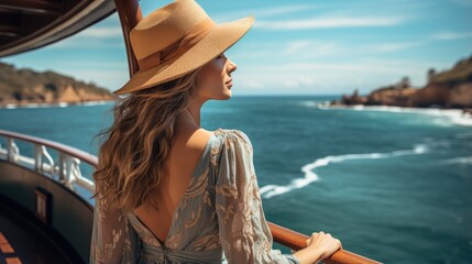 Woman enjoying sea view on cruise ship deck. - obrazy, fototapety, plakaty