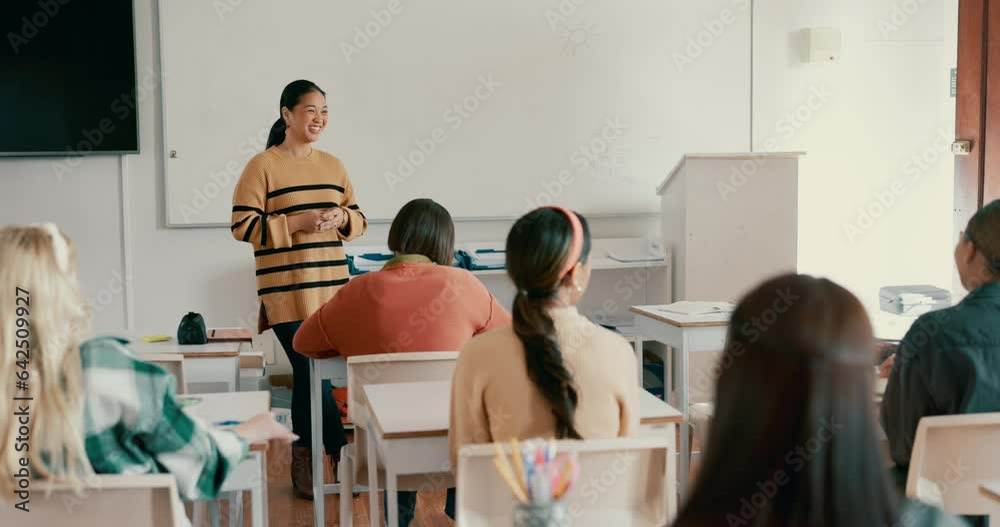 Poster school, question and a woman teacher in a class for learning, growth or development with a lesson. e