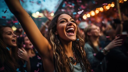 Friends dancing to confetti rain at outdoor festival.