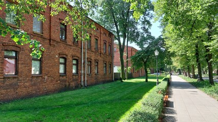 green street in the city with sidewalk and red brick buildings