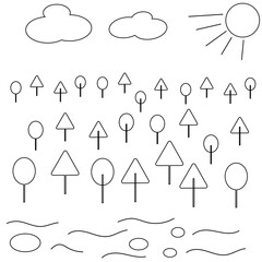 Vector black outline illustration of landscape with river, stones, sun, clouds, trees isolated on a white background