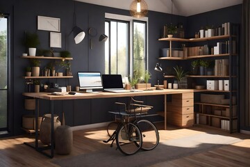 : Cozy Interior Design with Computer Table, Supplies, Decorations, and a Hint of Whimsy with a Bicycle