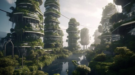 Futuristic but Realistic City Perfectly Blending with Nature, generative AI