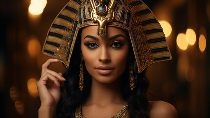 An Egyptian queen with a golden head ornament.  - obrazy, fototapety, plakaty