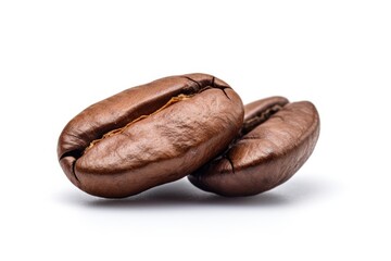 Two roasted Coffee beans close up, isolated on white background