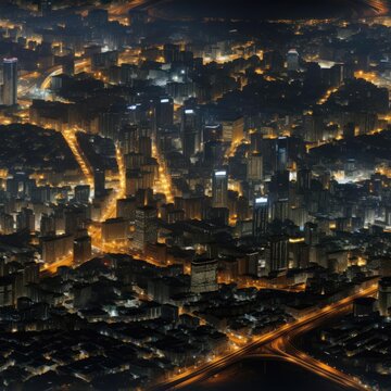 Top view of the city at night with illuminated streets