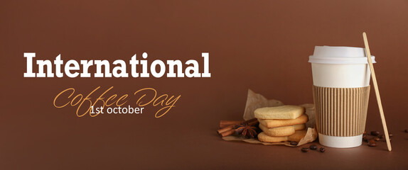 Long banner for International Coffee Day with takeaway paper cup and cookies